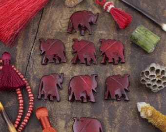 Herd of Burgundy Elephants : Hand Carved Bone Focal Beads, 24x26mm, Nature Animal Lover Jewelry Making Supplies, Charm, Totem, 6 pcs