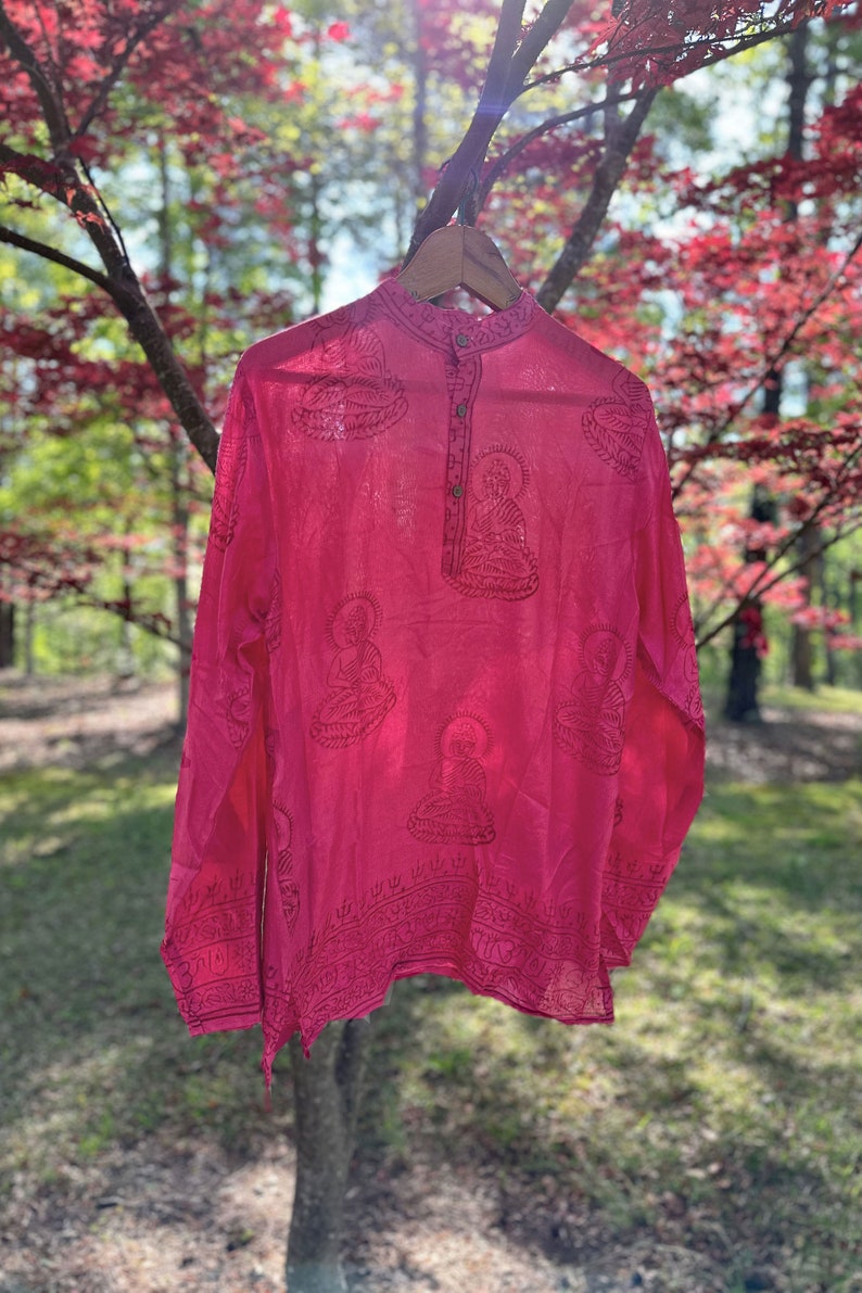 Om Shirt: Handmade Vintage Style Clothing from India, Comfy Boho Style, Unisex Festival Tunic, Unique Hand Block Printed Pink