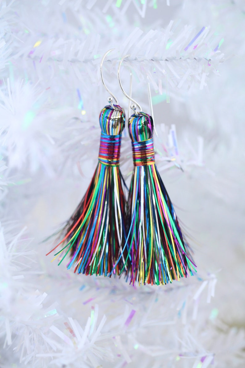 Rainbow Tinsel Tassels, 2.5 Metallic, Jewelry Making Supply, Metallic Tinsel Fringe, DIY Jewelry Making, Tassel Earrings, 2 pcs image 7