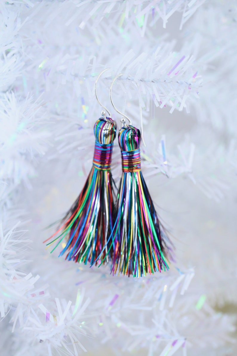 Rainbow Tinsel Tassels, 2.5 Metallic, Jewelry Making Supply, Metallic Tinsel Fringe, DIY Jewelry Making, Tassel Earrings, 2 pcs image 3