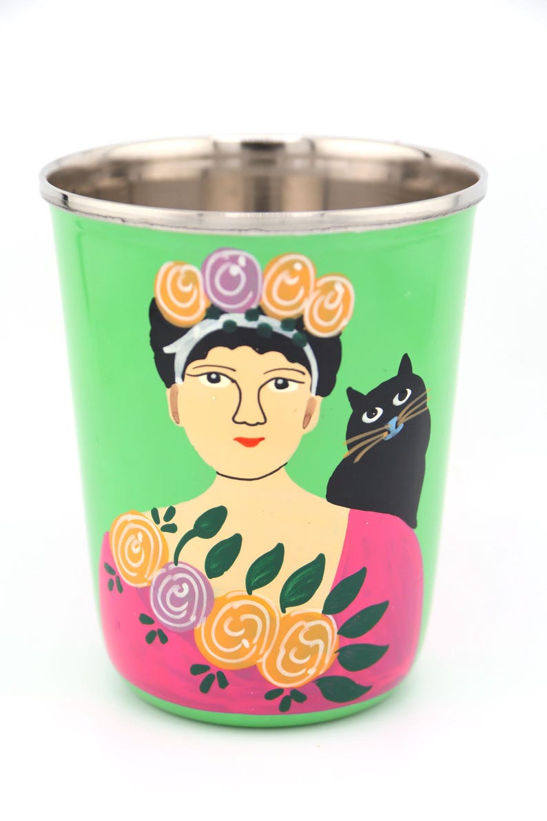 Vaso pequeño de acero inoxidable colorido, pintado a mano, de Cachemira. Regalo de inauguración de la casa, artículos para beber. imagen 4