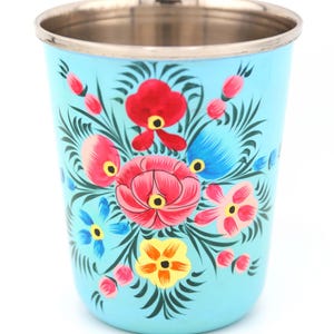 Vaso pequeño de acero inoxidable colorido, pintado a mano, de Cachemira. Regalo de inauguración de la casa, artículos para beber. imagen 3