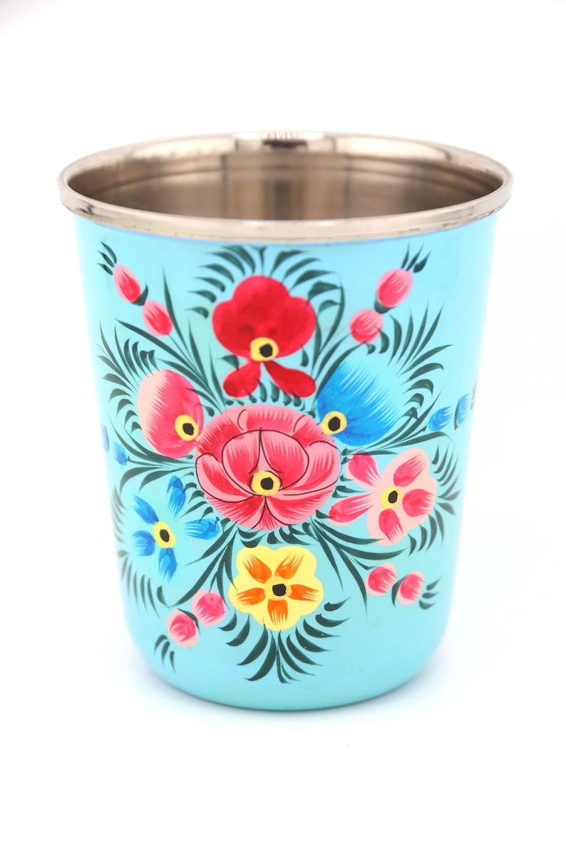 Vaso pequeño de acero inoxidable colorido, pintado a mano, de Cachemira. Regalo de inauguración de la casa, artículos para beber. imagen 3