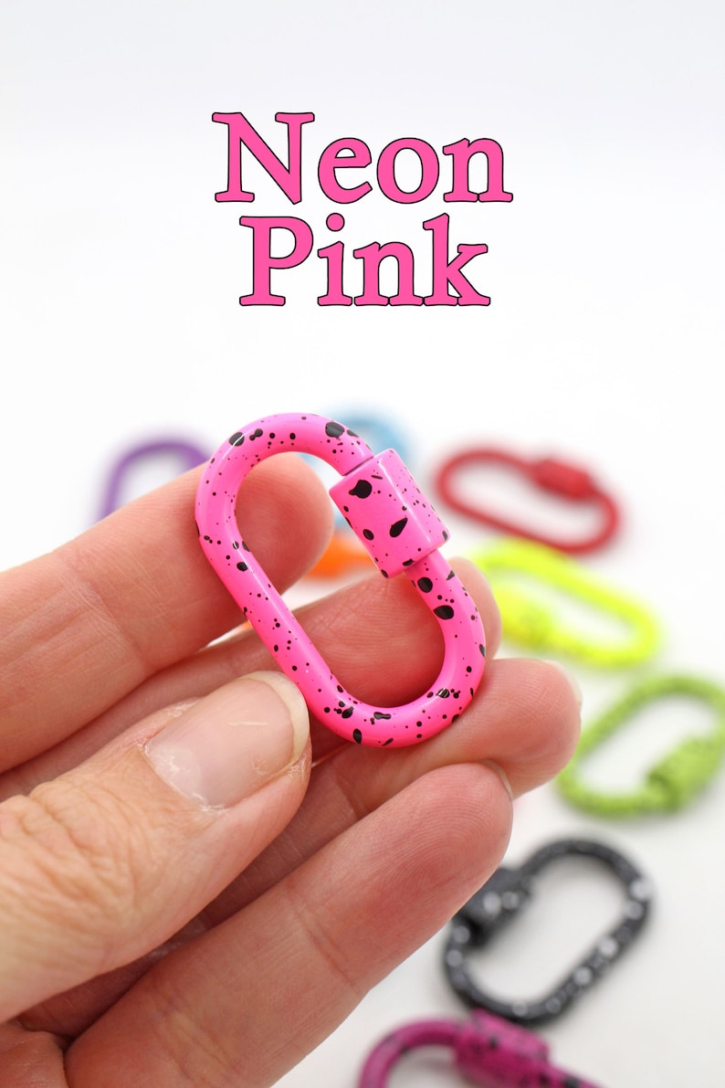 Enamel Carabiner Oval Screw Lock Clasp, Splatter Paint, Bag Charm, 37x22mm, Jewelry Making, DIY Crafts, Keychain Neon Pink