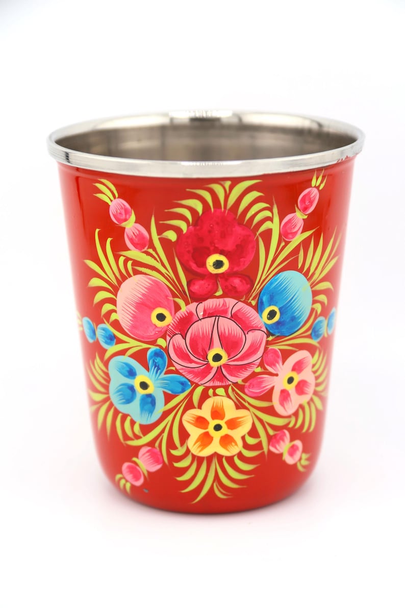 Vaso pequeño de acero inoxidable colorido, pintado a mano, de Cachemira. Regalo de inauguración de la casa, artículos para beber. imagen 7