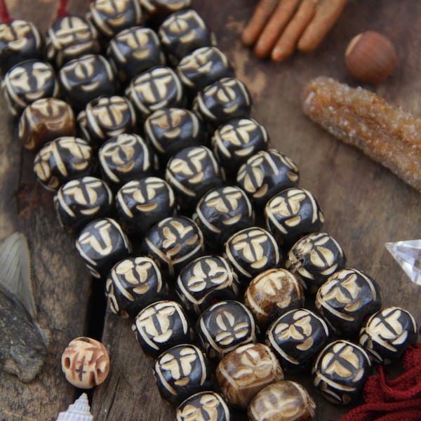 Tribal Totem : Handmade Brown & Cream Carved Faces, Rounded Square Bone Beads, 12mm, Spooky Native Jewelry Making Supplies, 10 pcs