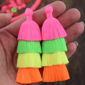 Neon Tiered Tassels, 3 Handmade Cotton Tassel for Earring/Necklace Making, Jewelry DIY, Fluorescent Ombre, Layered Fringe Tassels, 2 pieces image 5