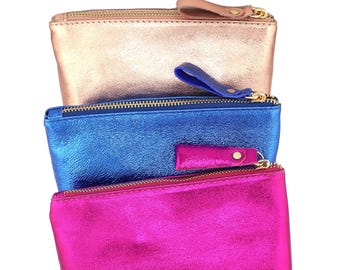 Midi Metallic Italian Leather Zipper Pouch, Purse, 7.5" Soft Real Leather, Assorted Colors, Cosmetics Bag