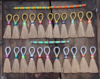 Natural Jute Tassels with Gold or Silver Metallic Loop, Tri-Color Binding, Handmade Jewelry Making Supplies, Fringe Necklace Pendant, 3 1/4"