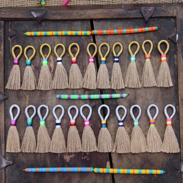 Natural Jute Tassels with Gold or Silver Metallic Loop, Tri-Color Binding, Handmade Jewelry Making Supplies, Fringe Necklace Pendant, 3 1/4"