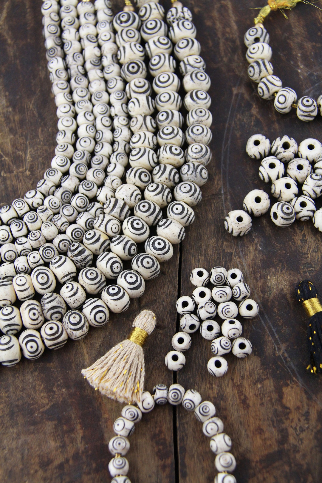 Cream Black Bullseye Tribal Pattern Hand Carved Melon Bone Beads