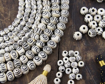 Cream & Black Bullseye Tribal Pattern Hand Carved Melon Bone Beads, Bohemian Yoga Jewelry Making Supplies, Unique Boho Charms, 8mm, 12mm