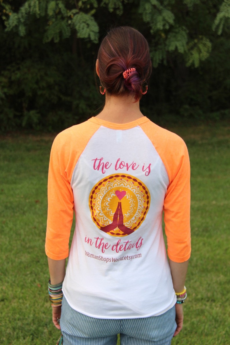 WomanShopsWorld Shirt: The Love is in the Details, Neon Orange Ringer Baseball Tee with logo, Inspiration Positive vibes, Unisex Shirt image 2