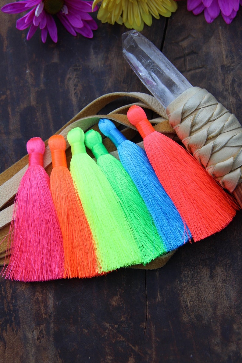 NEON Tassels, 3 Fluorescent Silky Handmade Large Tassels, Bohemian Jewelry Making Tassels, DIY Craft Supplies, 3.5 