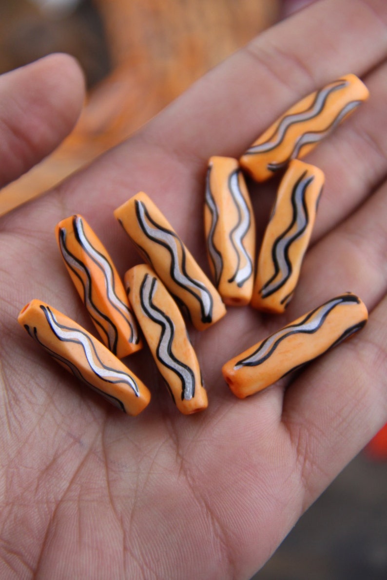 Orange Squiggle Barrel : Large Hole Tube Hand Painted Contoured Bone Beads, 7x27mm, Craft, Boho, Tribal Mala Jewelry Making Supplies, 8 pcs image 5