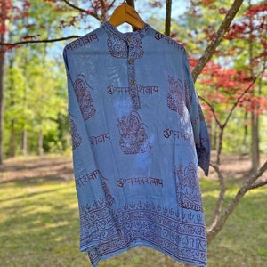 Om Shirt: Handmade Vintage Style Clothing from India, Comfy Boho Style, Unisex Festival Tunic, Unique Hand Block Printed Blue