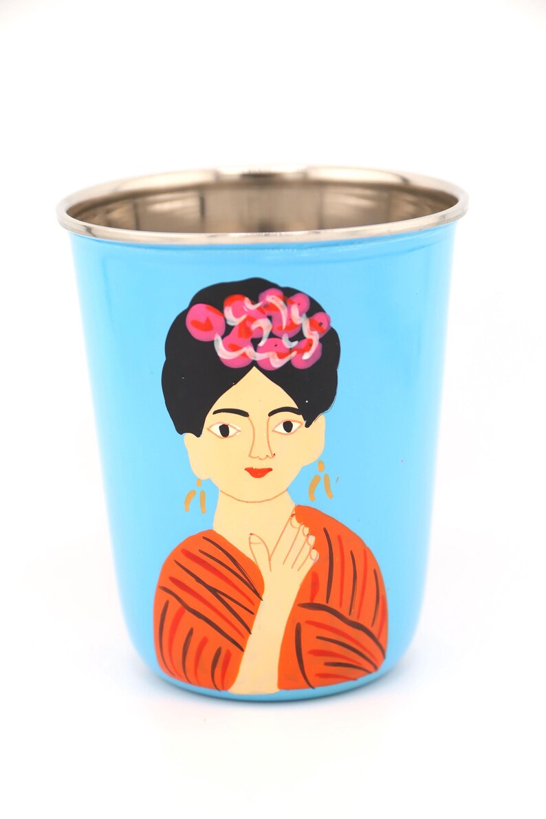 Vaso pequeño de acero inoxidable colorido, pintado a mano, de Cachemira. Regalo de inauguración de la casa, artículos para beber. Frida