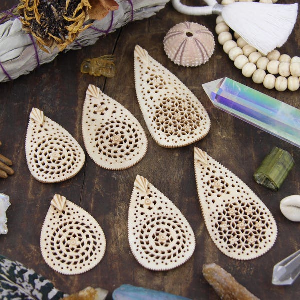 Flowers to Bones: Hand Carved Mandala Style Bone Pendant, India, Filigree Mandala Floral Pattern, Beachy Yoga Jewelry Making, Craft Supplies