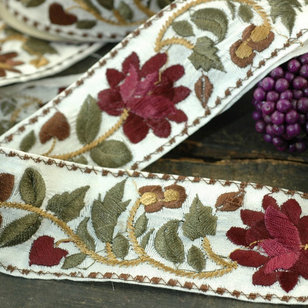 Last Piece- Bountiful / Sage, Berry, White Fall Floral Trim, Ribbon, Sari Border / India, 1 3/4" x 26.5"/ Winter, Holiday Craft Supplies