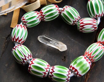 Green, Red, White African Large Chevron Bead / Oval 7-Layer Chevron 30x35mm / Collectible, Rare / Tribal Art, Decor, 1 Bead