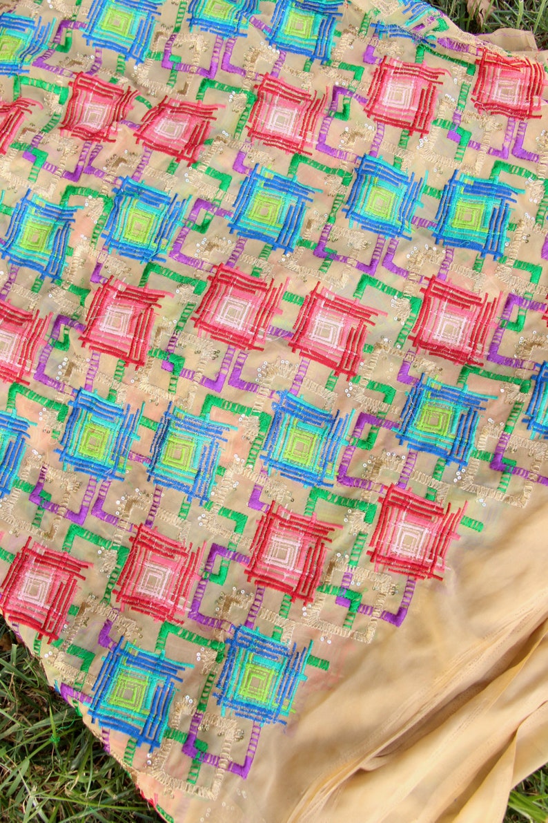 44 x1 yard India Textile Colorful Wall Hanging Sewing Supply Boho Home Decor Decadent Diamonds Embroidered Silk Fabric from Rajasthan