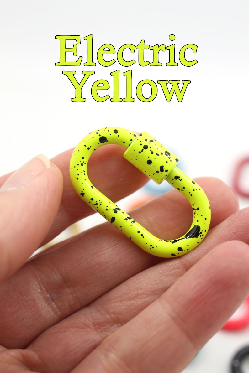 Enamel Carabiner Oval Screw Lock Clasp, Splatter Paint, Bag Charm, 37x22mm, Jewelry Making, DIY Crafts, Keychain Electric Yellow