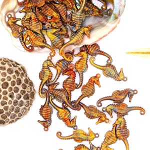 May include: A collection of small, detailed seahorse charms in shades of gold, orange, and yellow. The charms are scattered around a pearlescent shell and a piece of coral, all set against a white background. These charms are ideal for jewelry making.