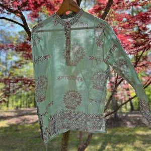 Om Shirt: Handmade Vintage Style Clothing from India, Comfy Boho Style, Unisex Festival Tunic, Unique Hand Block Printed Mint