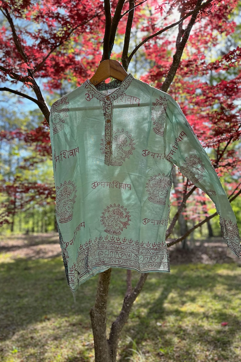 Om Shirt: Handmade Vintage Style Clothing from India, Comfy Boho Style, Unisex Festival Tunic, Unique Hand Block Printed Mint