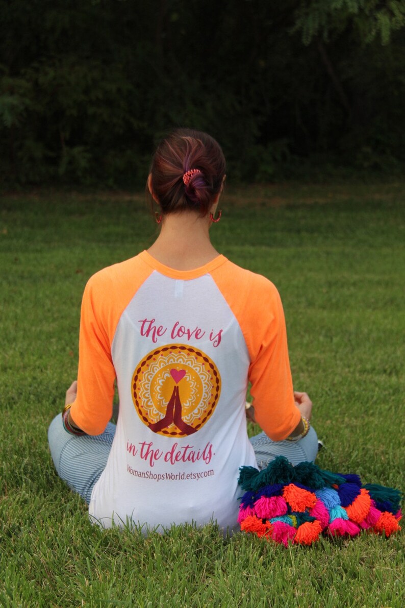 WomanShopsWorld Shirt: The Love is in the Details, Neon Orange Ringer Baseball Tee with logo, Inspiration Positive vibes, Unisex Shirt image 1