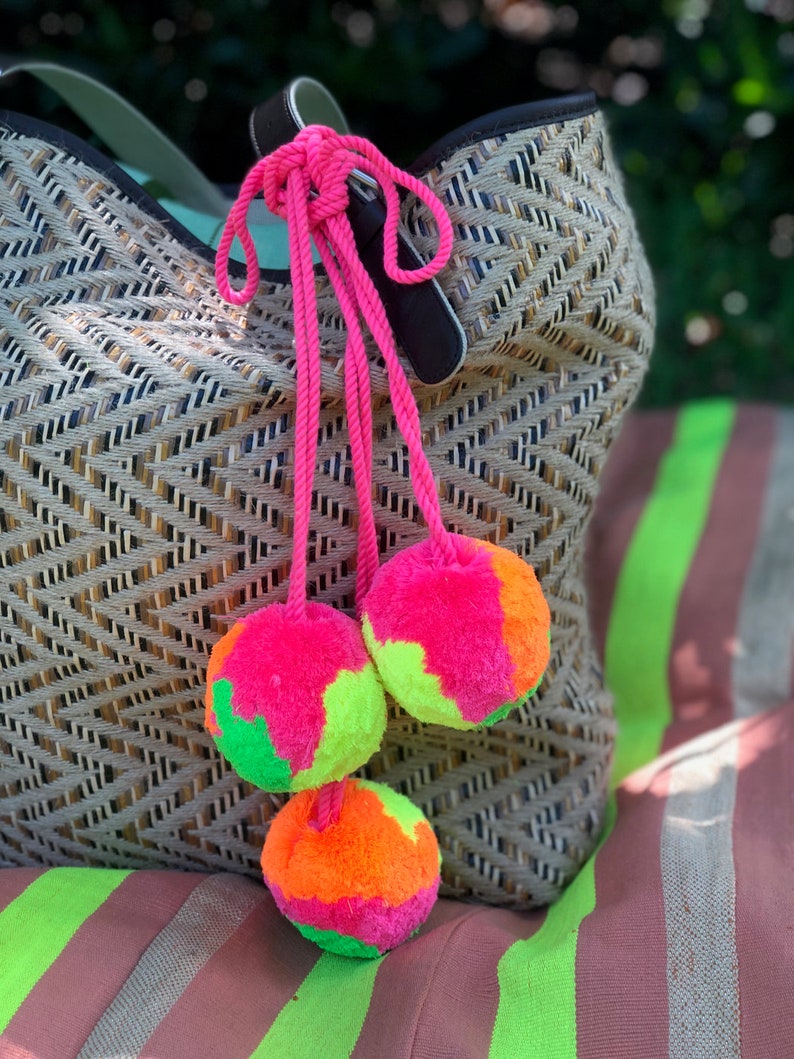 Neon Pom Pom Bag Charm Large Tie Back Bag Accessories Pom Etsy