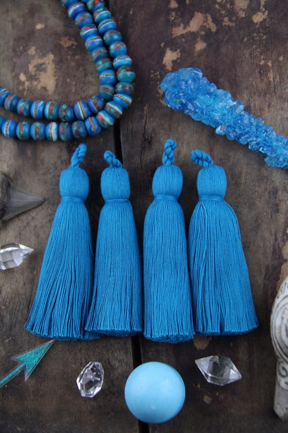 Turquoise Tassel Luxe, 3.75" Blue Tassels, Handmade Cotton Fringe, Focal Pendant, DIY Crafts, Jewelry Making, Bag Charms, 2 Pieces