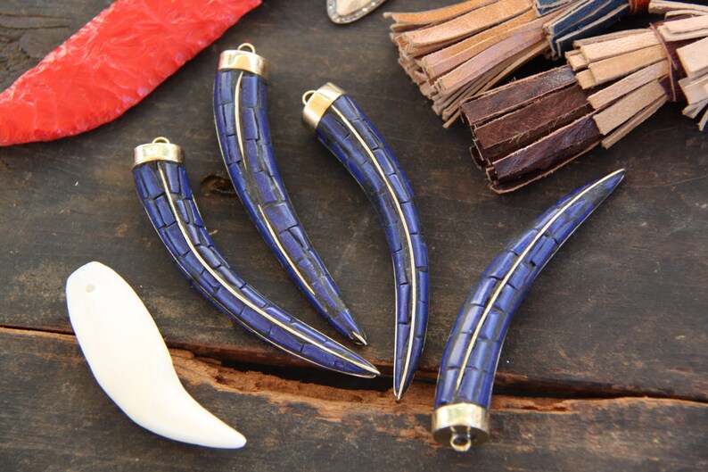 Brass Pendant 1 Tribal Pendant 3.5 x 12 Boho Jewelry Making Supplies Gift Handcrafted Charm Blue Chilli Pepper Tusk Nepali Lapis