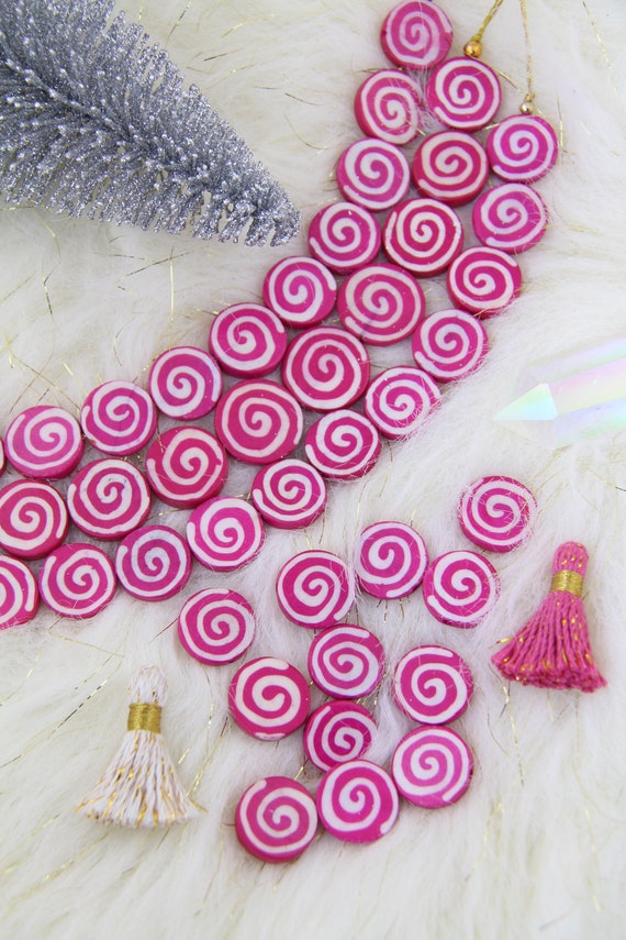 Pink Spiral Coin Beads, Large Hole Handmade Bone Beads, 19x4mm, Kids Craft Supplies, DIY Beaded Jewelry Making, 12 pcs, Focal Beads