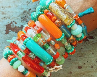 Showgirl Friendship Bracelet Kit: Carved Beads, Czech Glass, Enamel Beads, Make 21+ Beaded Bracelets, DIY Jewelry Making, Opalite, Orange