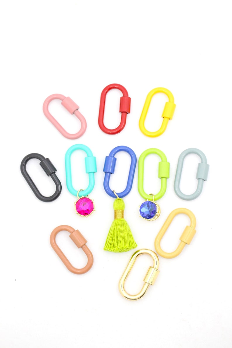 Enamel coated metal carabiner, with screw clasps. Many colors available. Works as a keychain, necklace clasp, charm holder, etc