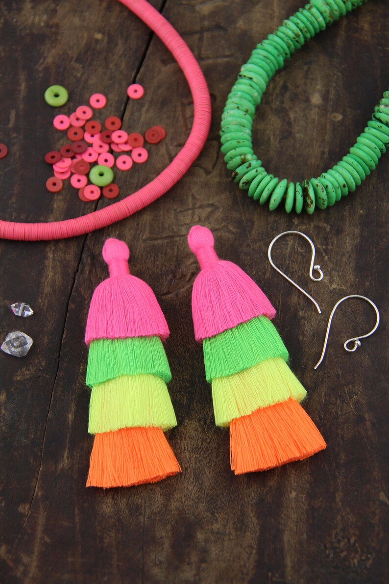 Neon Tiered Tassels, 3 Handmade Cotton Tassel for Earring/Necklace Making, Jewelry DIY, Fluorescent Ombre, Layered Fringe Tassels, 2 pieces image 1