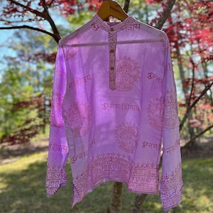 Om Shirt: Handmade Vintage Style Clothing from India, Comfy Boho Style, Unisex Festival Tunic, Unique Hand Block Printed Lavender