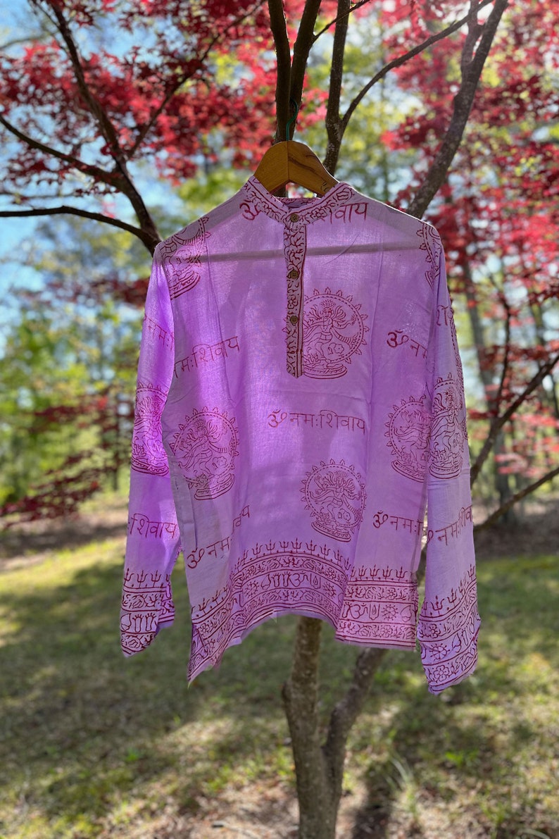 Om Shirt: Handmade Vintage Style Clothing from India, Comfy Boho Style, Unisex Festival Tunic, Unique Hand Block Printed Lavender