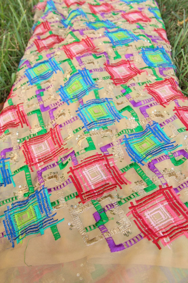 44 x1 yard India Textile Colorful Wall Hanging Sewing Supply Boho Home Decor Decadent Diamonds Embroidered Silk Fabric from Rajasthan