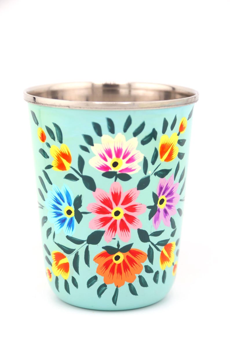 Vaso pequeño de acero inoxidable colorido, pintado a mano, de Cachemira. Regalo de inauguración de la casa, artículos para beber. Leilani