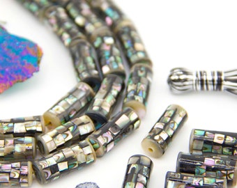 Natural Mosaic Abalone Tube Beads, 9x20mm, 1 piece, Focal Beads, DIY Jewelry Making, Disco Ball Tubes, Mirrorball Beads