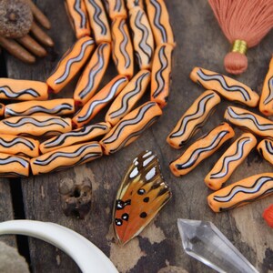 Orange Squiggle Barrel : Large Hole Tube Hand Painted Contoured Bone Beads, 7x27mm, Craft, Boho, Tribal Mala Jewelry Making Supplies, 8 pcs image 2