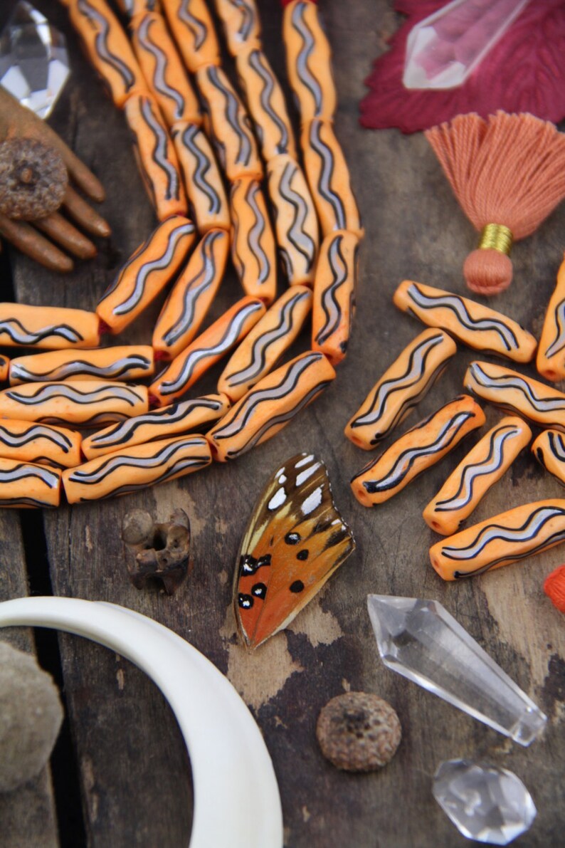 Orange Squiggle Barrel : Large Hole Tube Hand Painted Contoured Bone Beads, 7x27mm, Craft, Boho, Tribal Mala Jewelry Making Supplies, 8 pcs image 2