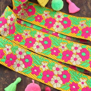 Yellow Mermaid Garden Ribbon: Jacquard Indian Sari Border and Trim, 2"x1 yard, Yellow, Pink, Green, Floral Craft Decor & Sewing Supplies