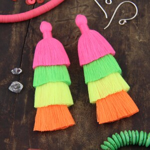 Neon Tiered Tassels, 3 Handmade Cotton Tassel for Earring/Necklace Making, Jewelry DIY, Fluorescent Ombre, Layered Fringe Tassels, 2 pieces image 4