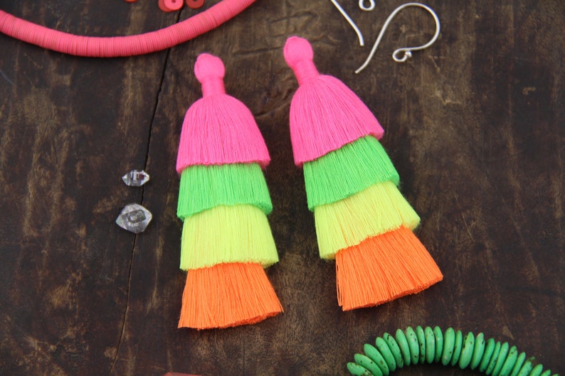 Neon Tiered Tassels, 3 Handmade Cotton Tassel for Earring/Necklace Making, Jewelry DIY, Fluorescent Ombre, Layered Fringe Tassels, 2 pieces image 4