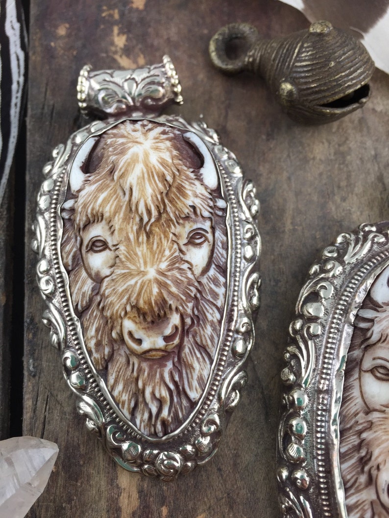 Refief Carved Pendant Fashion Silver Bezel Set 1 pc 3.75 Buffalo in Bone Bohemian Inspired Jewelry Making Western