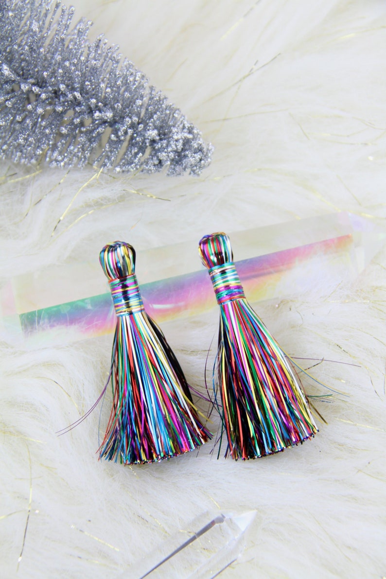 Rainbow Tinsel Tassels, 2.5 Metallic, Jewelry Making Supply, Metallic Tinsel Fringe, DIY Jewelry Making, Tassel Earrings, 2 pcs image 1