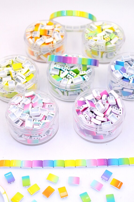 Rainbow Ombr Enamel Tile Beads Tie Dye Rectangle 2 hole Beads